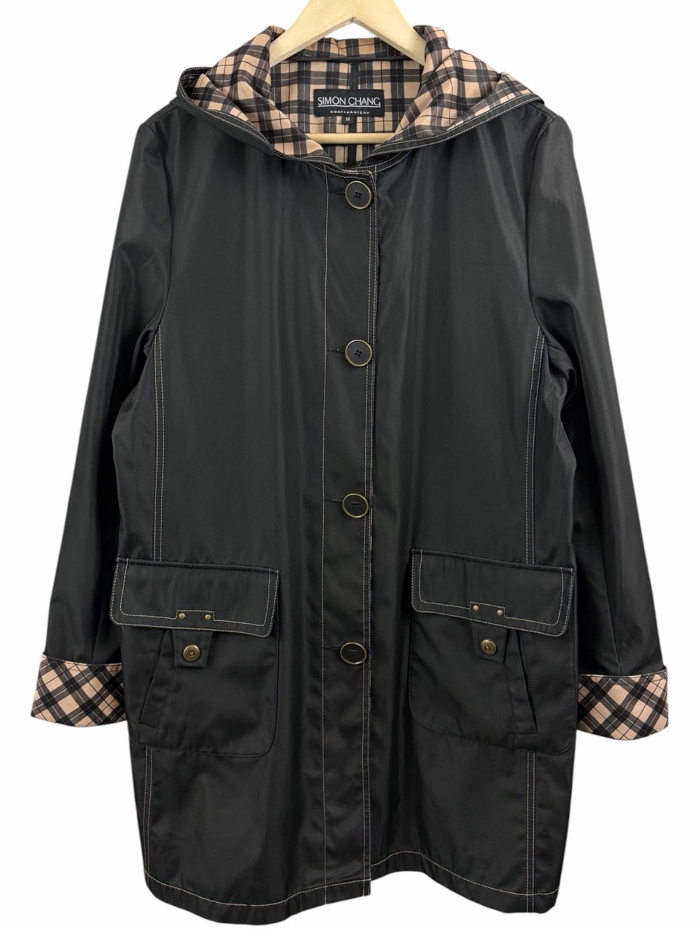 Simon Chang Black Hooded Jacket with Plaid Trim Size 14